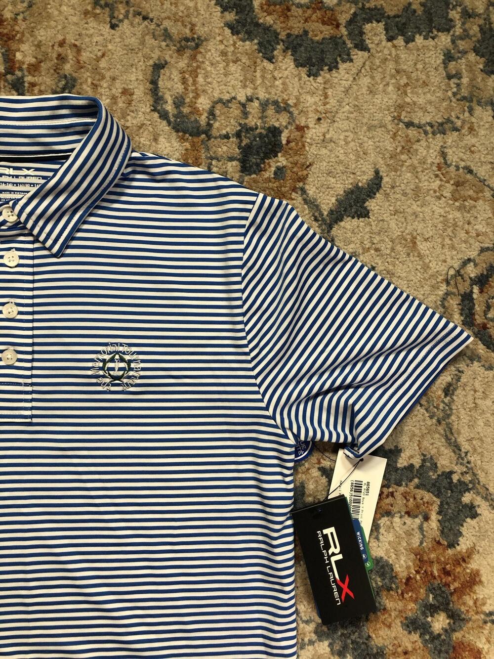 RLX Ralph Lauren Polo Shirt Boys L 14-16 Blue Stripe Memorial Golf Short Sleeve - Picture 4 of 14